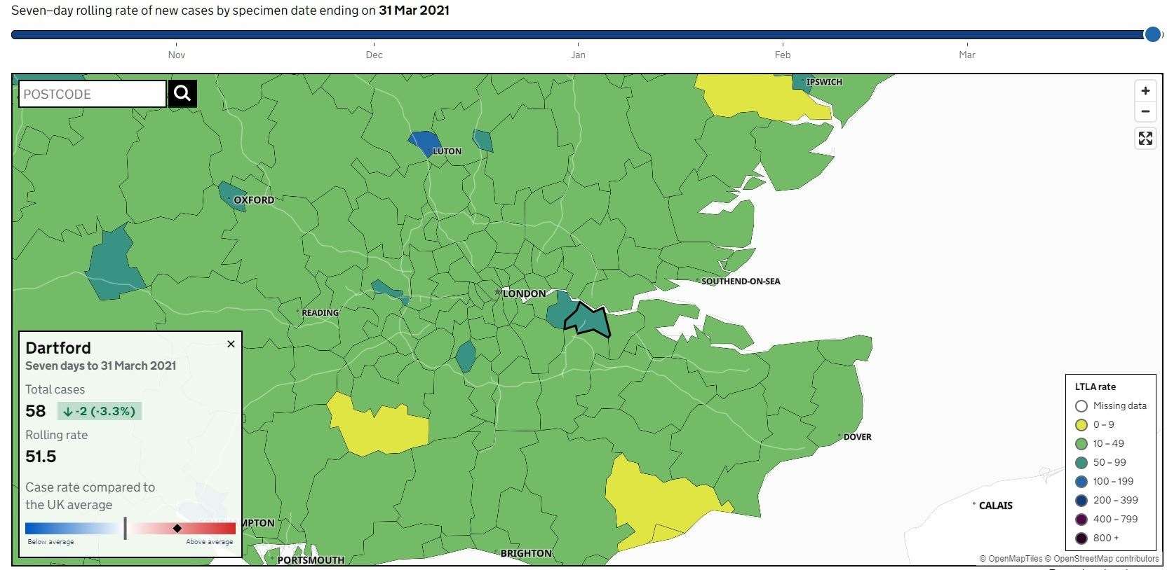 A map of Kent Covid cases shows Dartford as the only area of Kent with a case rate above the UK average. (45853091)
