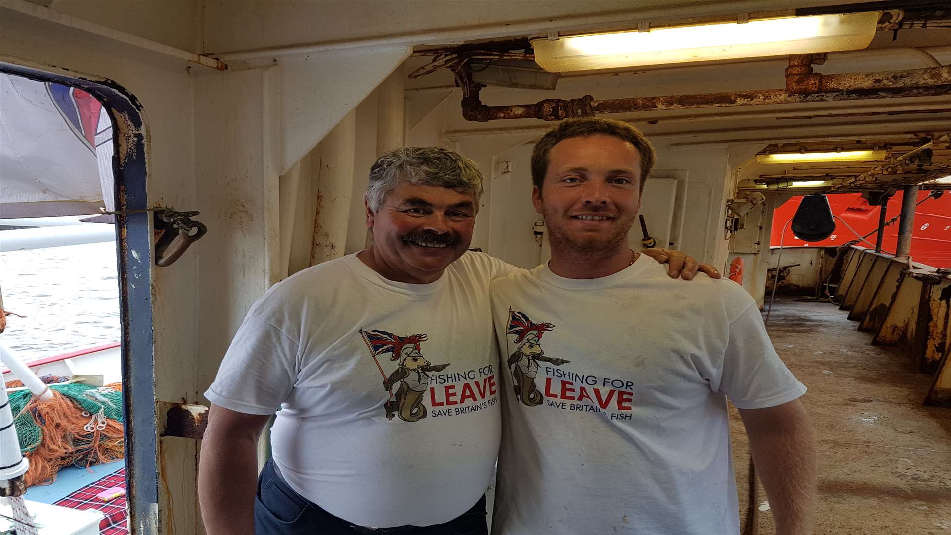 Trawlermen John Buchan and Matthew Barnes at the Vote Leave flotilla