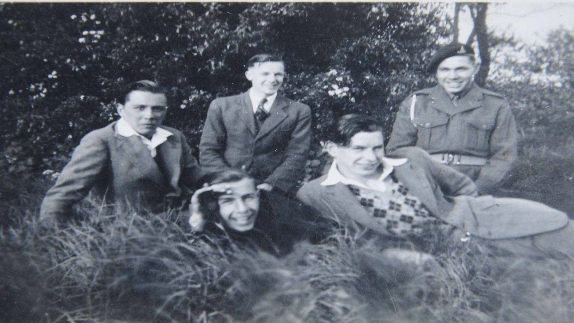 Bernard Crowhurst (lying down front ) with his friends in Darenth Woods, 1950.