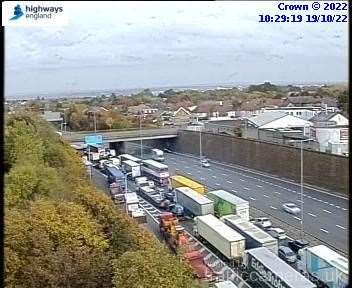 Traffic on the M25 after a collision between a van and a lorry. Picture: Highways England