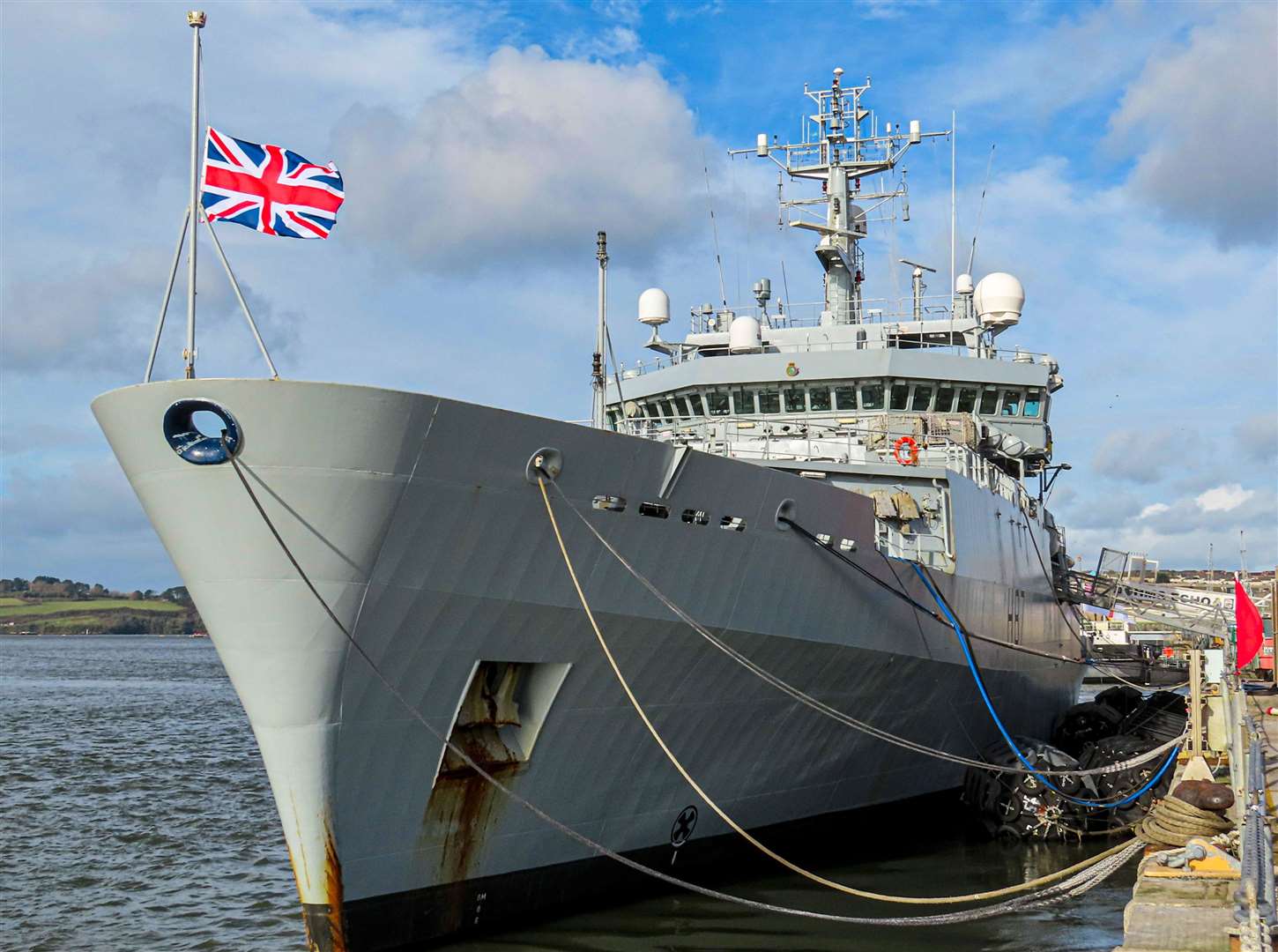 HMS Echo in Devonport Dockyard flying its flag at half mast in tribute to Captain Sir Tom Moore (LPHOT Mark Johnson/MoD/PA)