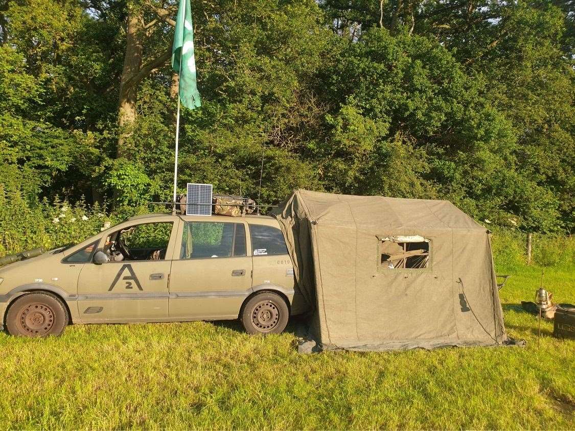 The tent attached to the back of his car. Picture: Cherva Castles