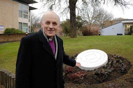 The Bishop of Dover, the Rt Revd Trevor Willmott with the Heritage Stone plaque at the launch of the Canterbury Christ Church University 'Golden Jubillee' year
