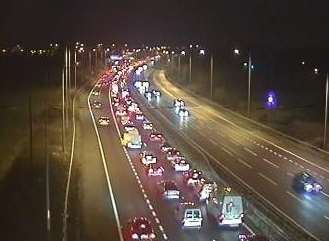 Traffic queuing on the coast-bound M2. Picture: Traffic England.