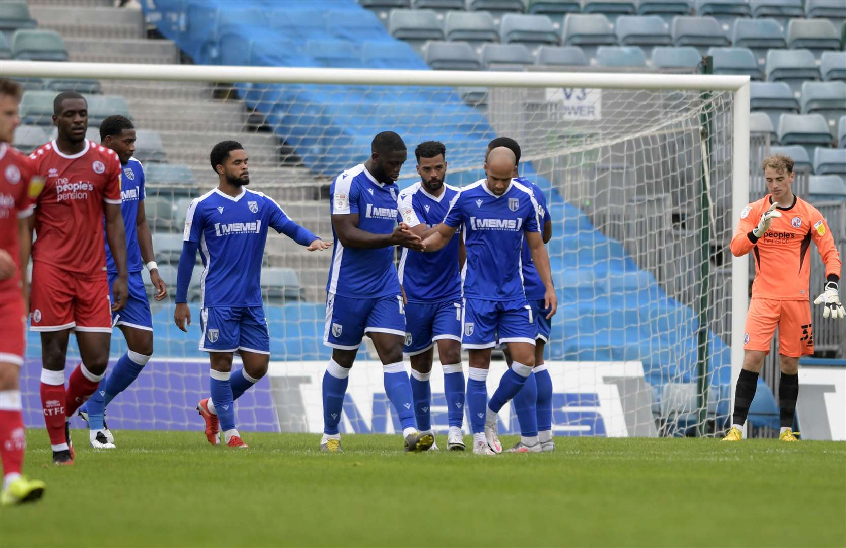 Gillingham celebrate their opening goal scored by Trae Coyle Picture: Barry Goodwin