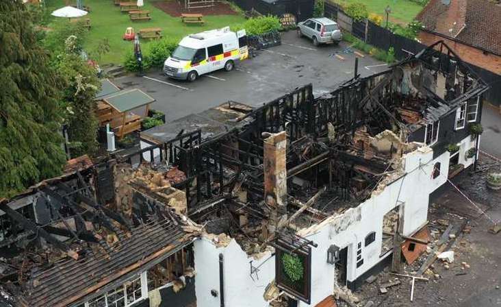 An aerial photo of the gutted Green Man pub after the fire