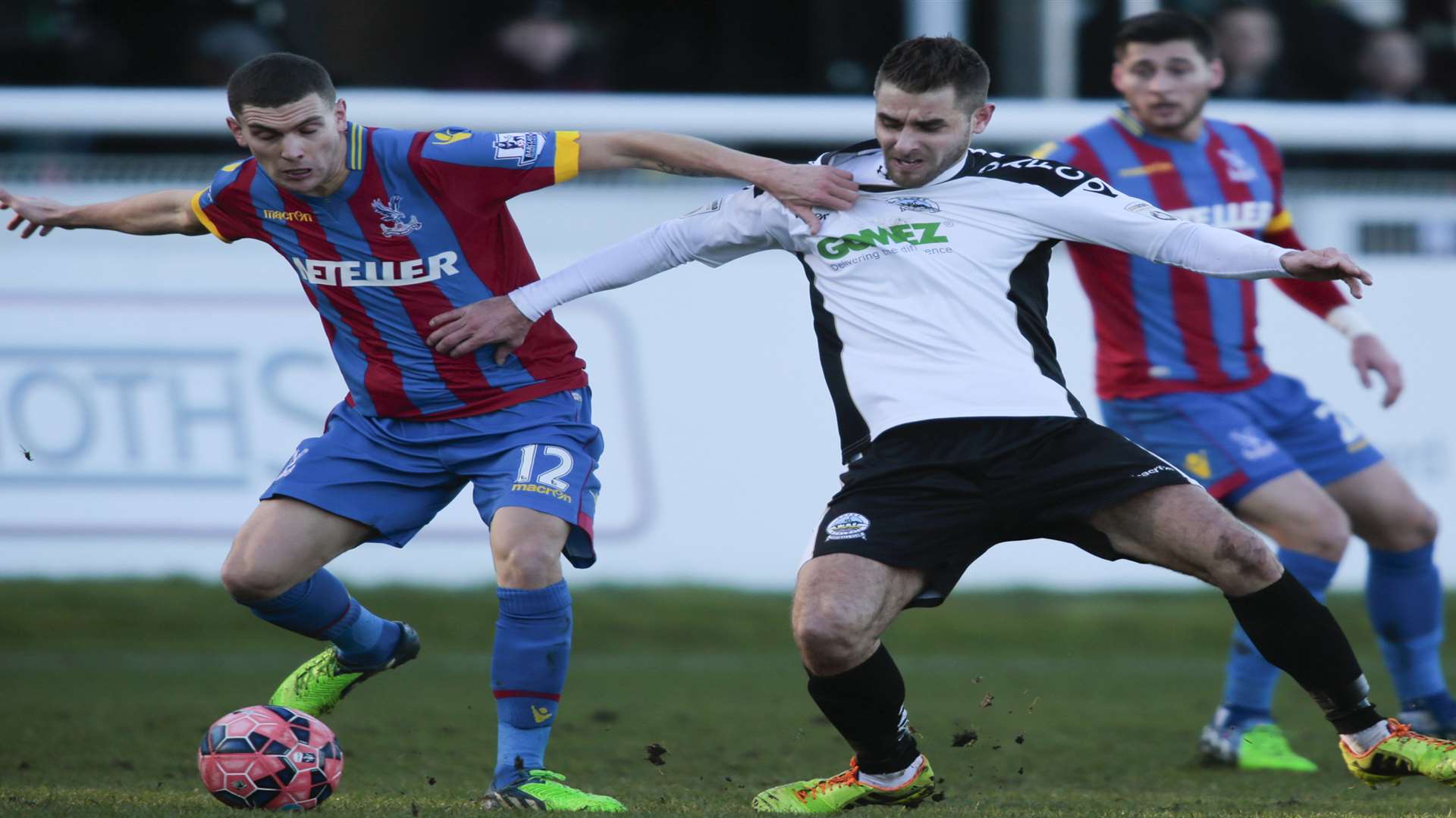 Dover's Nicky Deverdics battles for the ball with Crystal Palace's Stuart O'Keefe in the FA Cup clash at Crabble last season