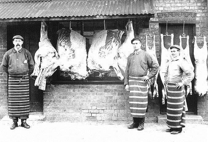 Butchers working for George Hawkes at his business at 1 Varnes Street, Eccles, in 1906