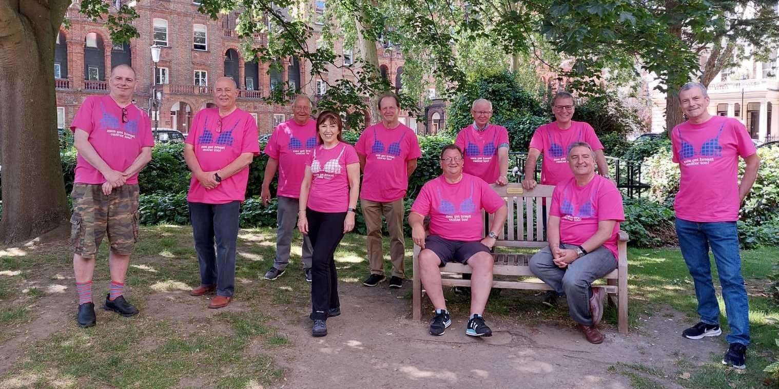 Maidstone dad Stuart Weaver, pictured sat on the bench, alongside other members of the Walk the Walk "Men get Breast Cancer too" and Walk the Walk founder Nina Barough. Picture: Stuart Weaver