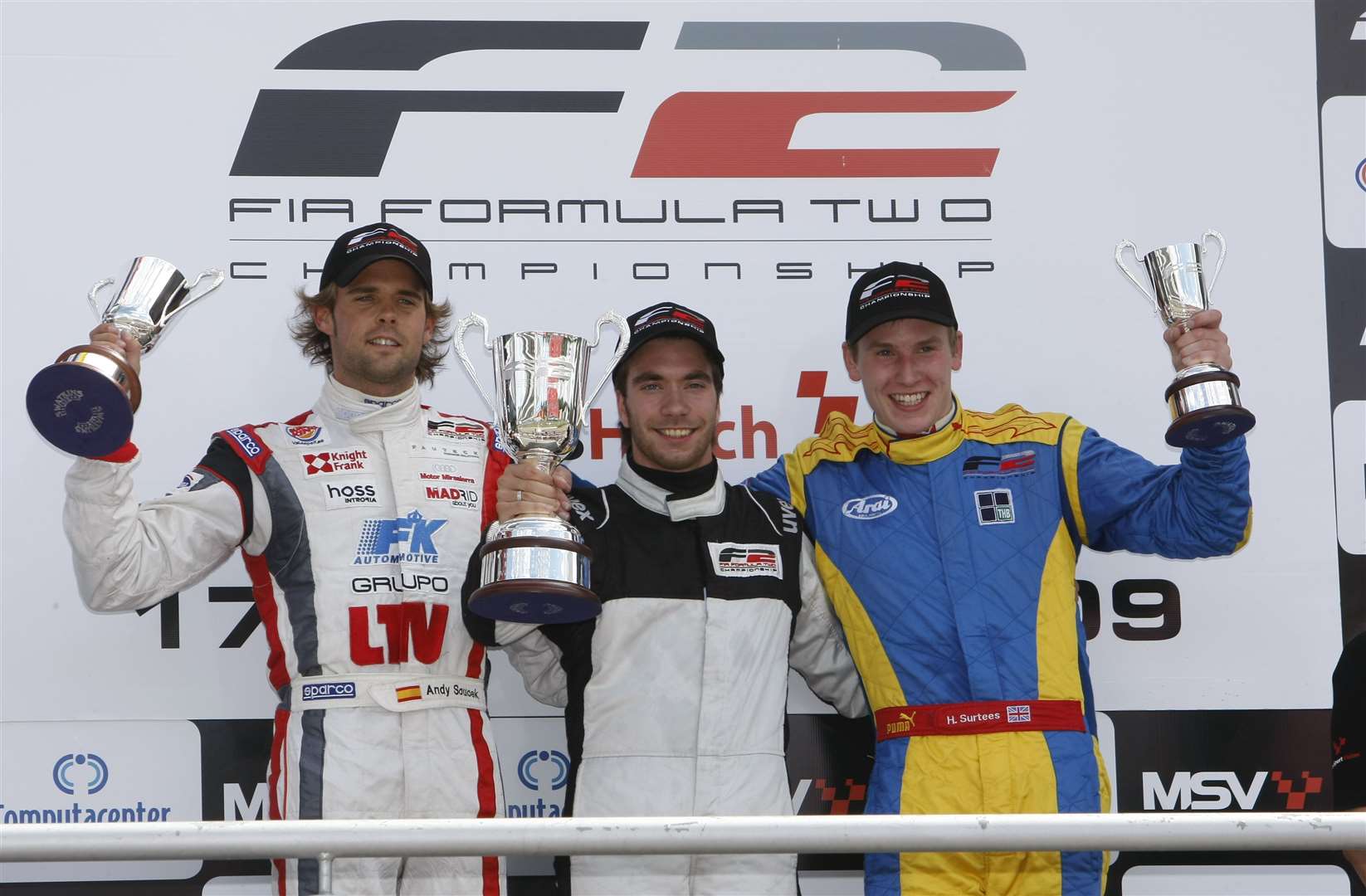 Henry Surtees finished on the podium at Brands Hatch in July 2009 on the day before the fatal accident. He is pictured here with Andy Soucek and Philipp Eng. Picture: PSP Images