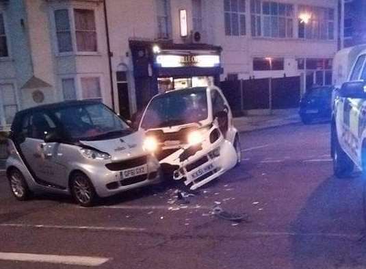 Two Smart cars have collided in Margate. Picture: Allison Mitchell