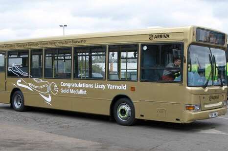 A gold Arriva bus was unveiled today. Picture: Steve Tervet