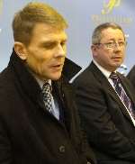 Hessenthaler with chairman Paul Scally at the press conference announcing his departure. Picture: GRANT FALVEY