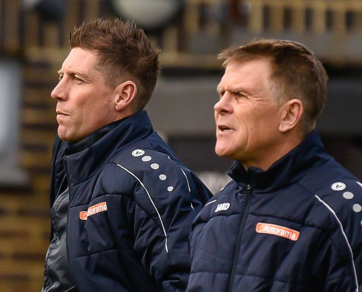 Dover manager Andy Hessenthaler, right, alongside Nicky Southall. Picture: Alan Langley
