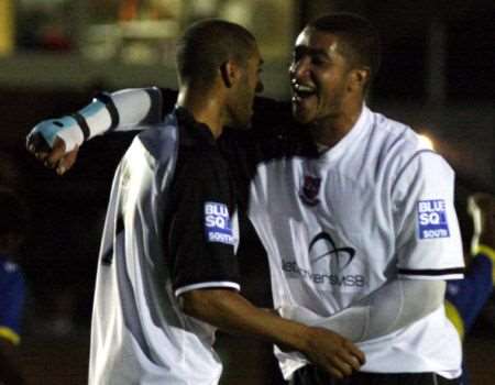 Jacob Erskine, right, celebrating in Bromley colours with former Gills youngster Ashley Carew