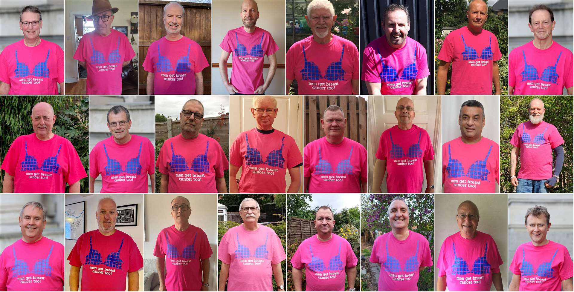 All 24 members of Walk the Walk's "Men get Breast Cancer too" campaign, with Mr Weaver pictured on the bottom row, fourth from right. Picture supplied by Walk the Walk