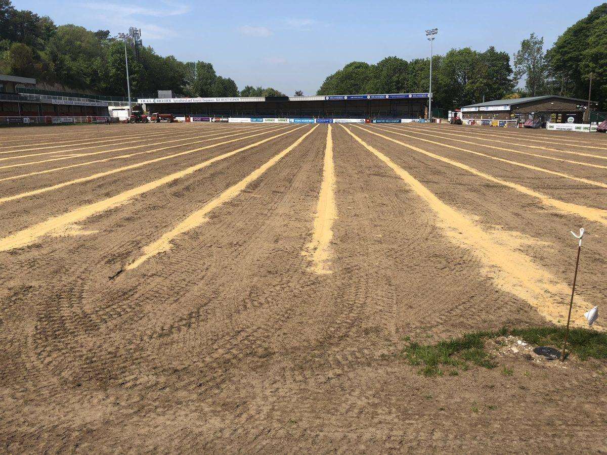 Work being carried out on the pitch at Crabble. Picture: Dover Athletic