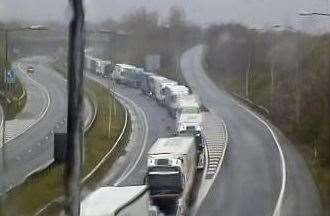 Queuing lorries on the M20 near Folkestone this morning. Picture: National Highways
