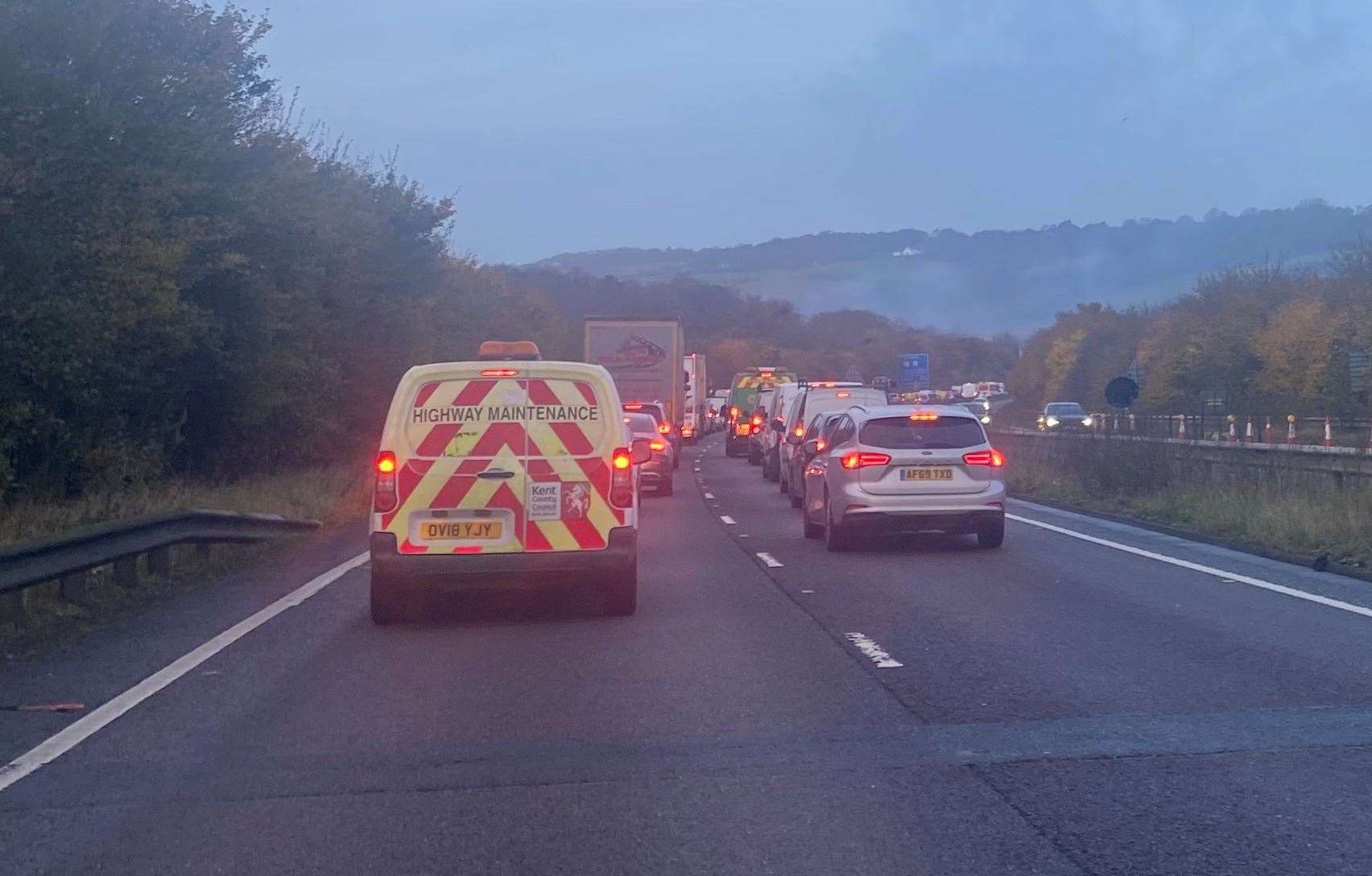 There are long delays on the London-bound stretch of the A20 near Folkestone following a vehicle fire