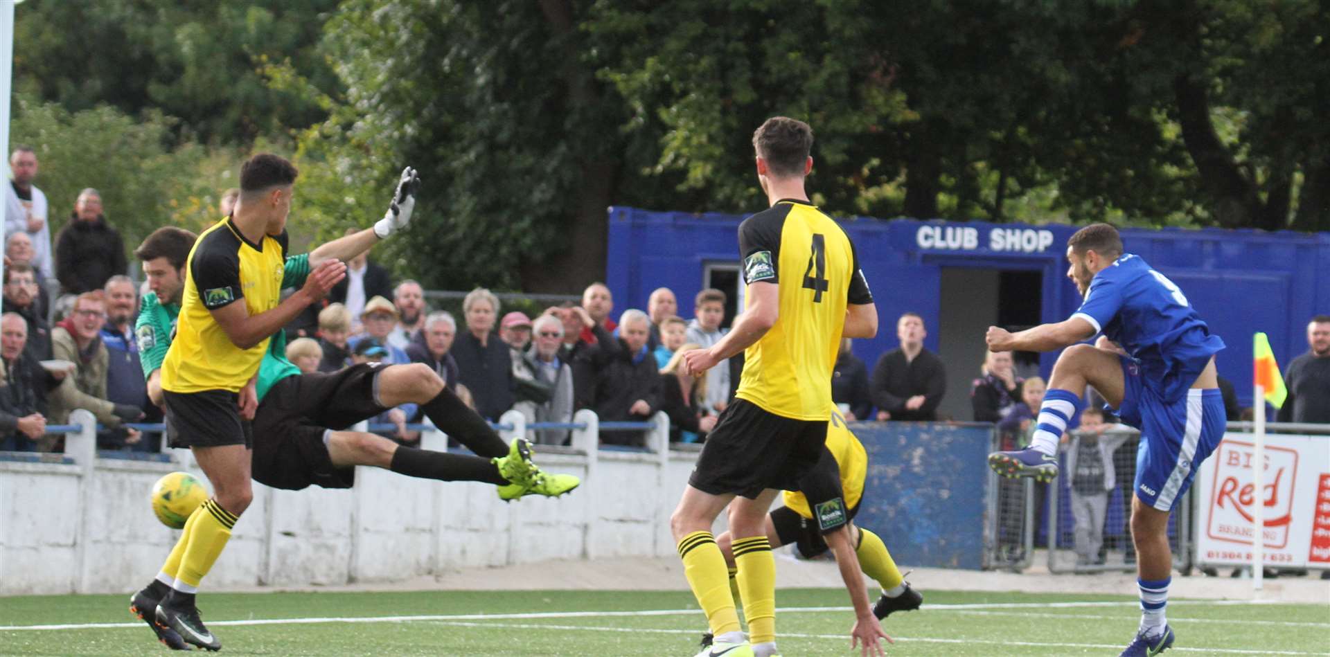 Bay are unable to prevent Jordan Chiedozie firing against the post - the rebound going in off the keeper. Picture: Don Walker