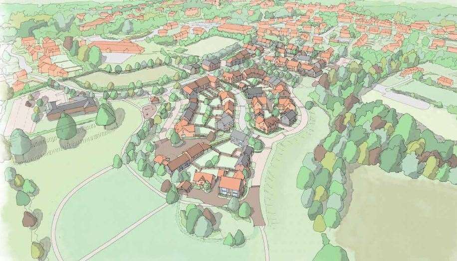 An aerial impression of how the Rydon Homes development in Hawkhurst would look. Picture: Rydon Homes and Omega Architects