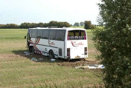 The coach was forced to swerve off the road and landed on an embankment. Picture: DAVE DOWNEY
