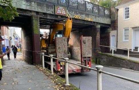 The low-loader wedged beneath the bridge. Pic: Becky Hart