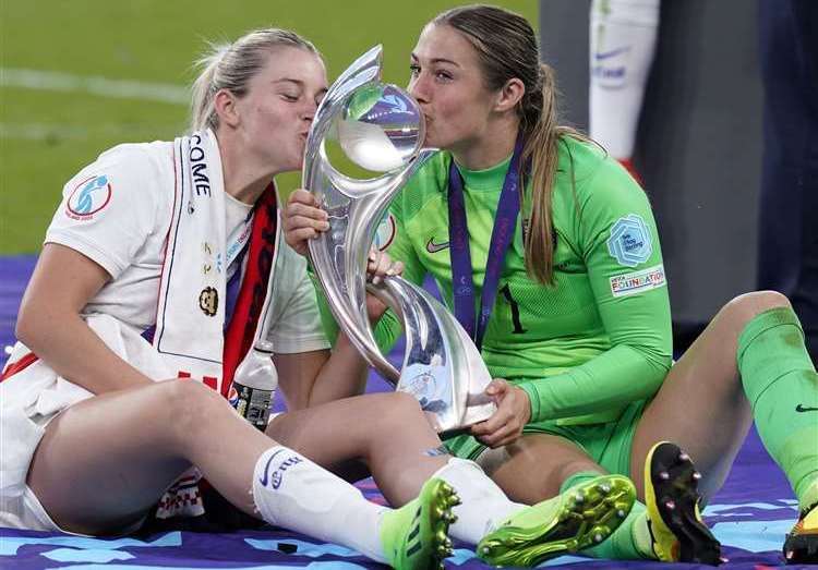 England's Alessia Russo and goalkeeper Mary Earps celebrate European Championship success at Wembley last year. Picture: PA Images.