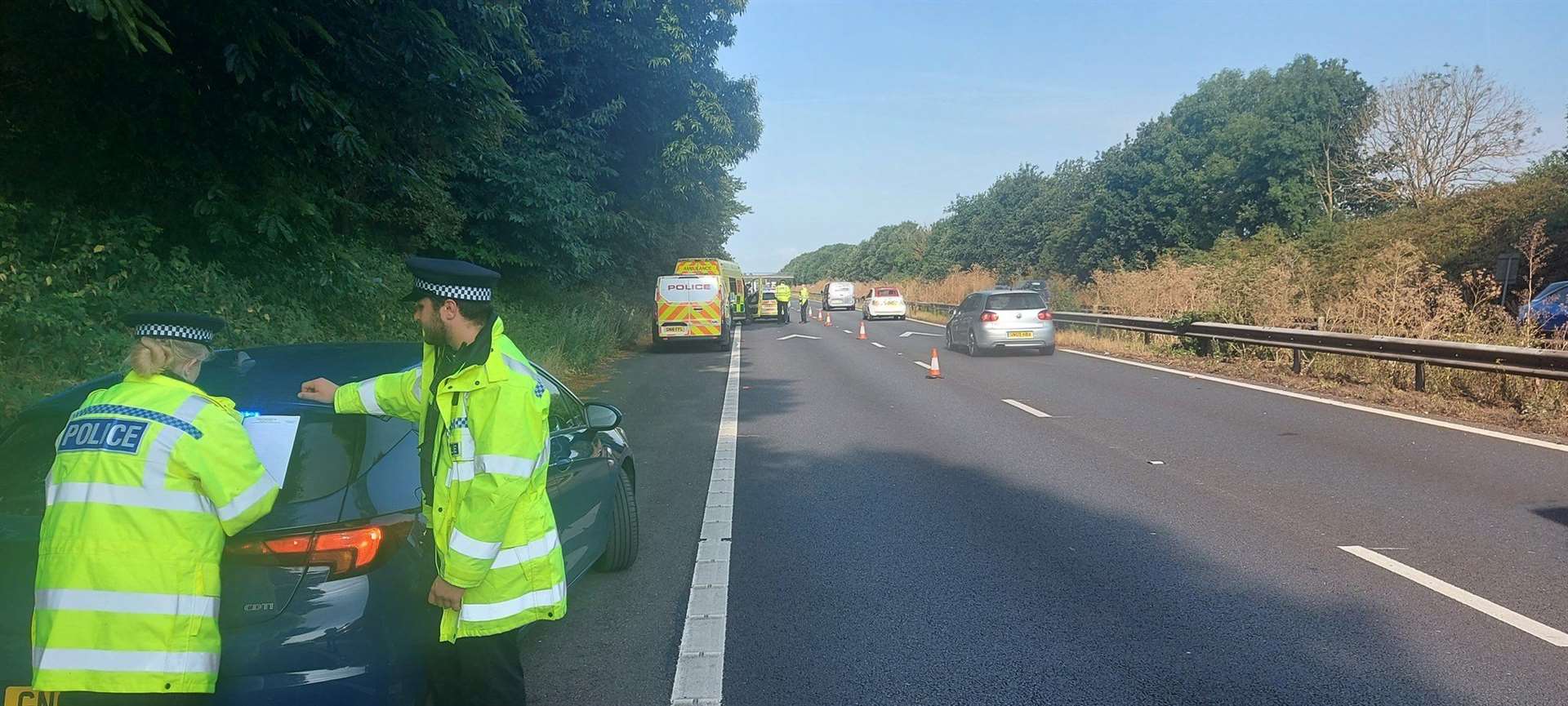 Police at the accident on the M2 between junctions 6 and 5. Picture: @KentPoliceSwale