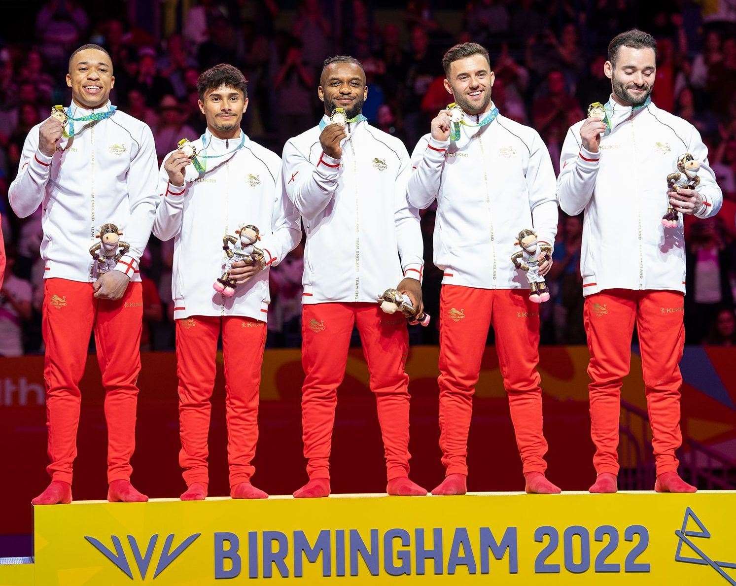 Commonwealth Games gold for Team England's James Hall, Joe Fraser, Courtney Tulloch, Giarnni Regini-Moran and Jake Jarman. Picture: Team England