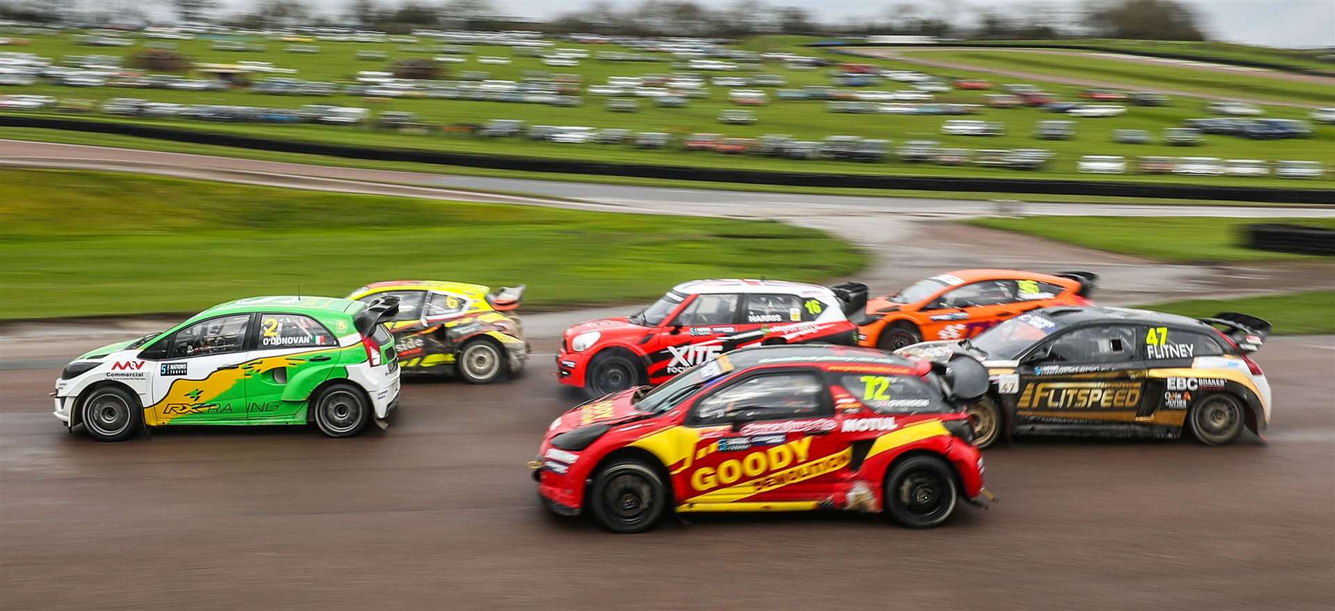 Tristan Ovenden (No.72) battles his rivals for track position. Picture: British Rallycross