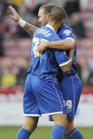 Gillingham striker Danny Kedwell celebrates scoring at Sheffield United. Picture: Barry Goodwin