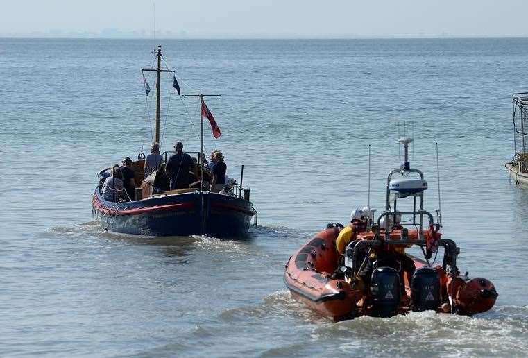 The Chieftain leads the Whitstable Lifeboat, as the ashes of former Whitstable crewmember Eric McGonagle are scattered at sea. Picture: RNLI/Chris Davey