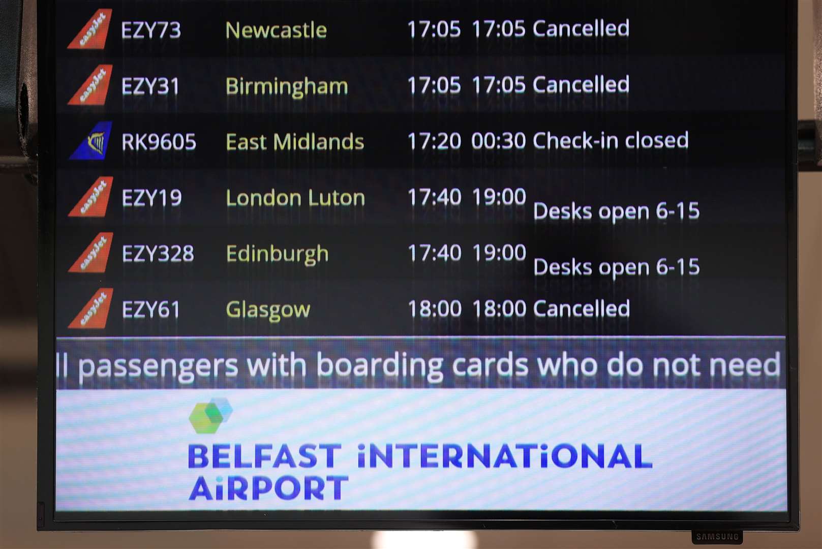 A departure board at Belfast International Airport, as flights to the UK and Ireland were cancelled as a result of air traffic control issues (Liam McBurney/PA)