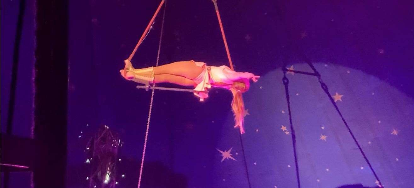 Megan Christian from Sittingbourne on the trapeze at Santus Circus, Sheerness, before her fall in July 2021