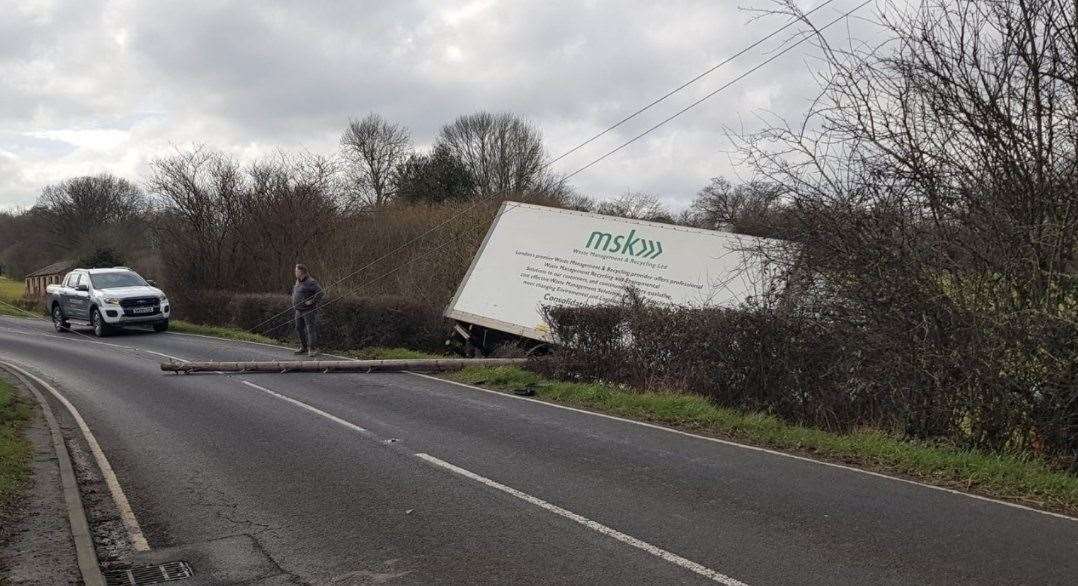 The lorry crashed off the road between Lamberhurst and Horsmonden and through a hedge. Picture: Declan Russell/UKNIP