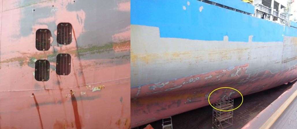 The yellow circle shows where the drugs were hidden in the huge cargo ship. Picture: NCA