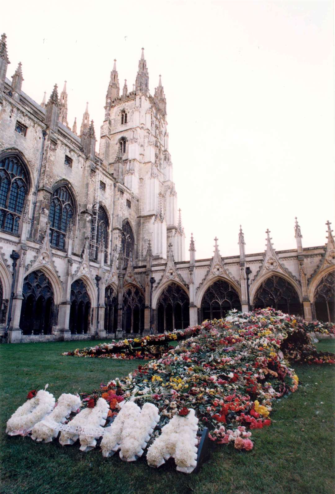 Tributes to Diana laid out in the shape of a giant cross outside Canterbury Cathedral