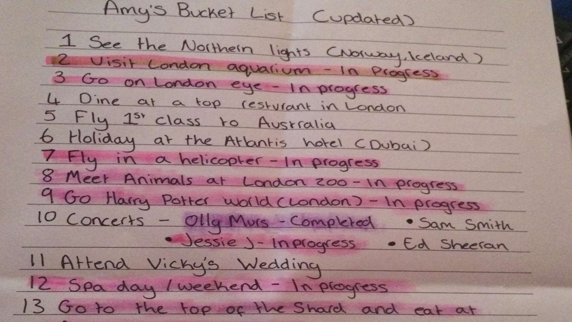 Her bucket list contains a first-class trip to Australia and watching X-Factor live