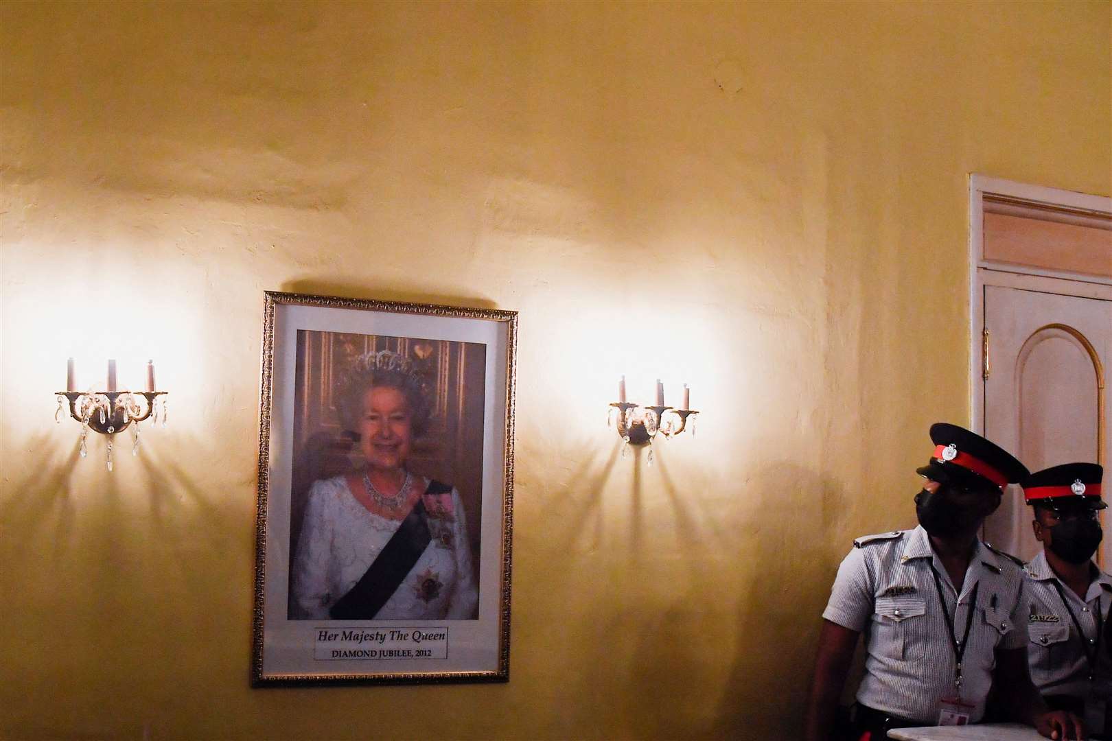 A portrait of Queen Elizabeth II hangs on the wall at King’s House in Kingston, Jamaica (Toby Melville/PA)