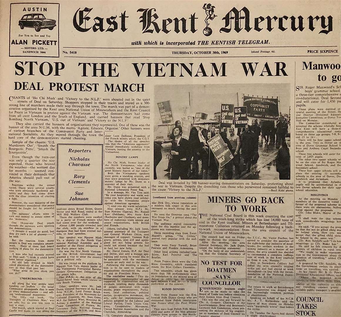 Front page of the East Kent Mercury, October 30, 1969