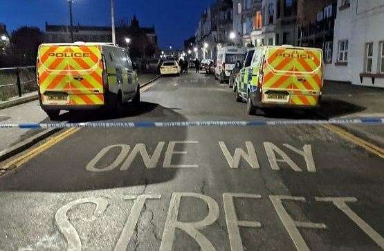 Police descended on Cliftonville this morning after a man was stabbed in Dalby Square. Picture: Rob Yates