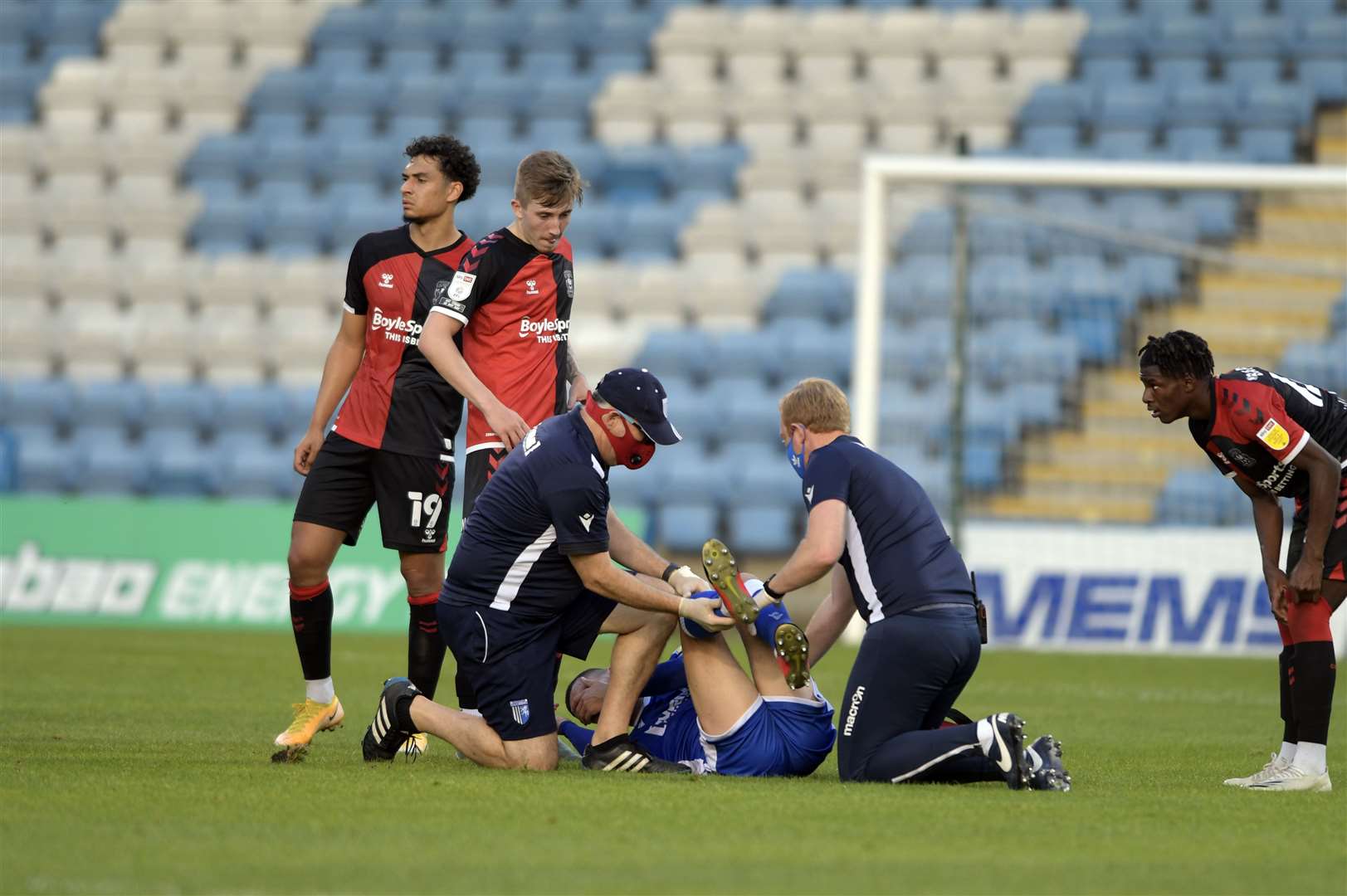 Stuart O'Keefe is treated for a broken leg in the League Cup match against Coventry City Picture: Barry Goodwin