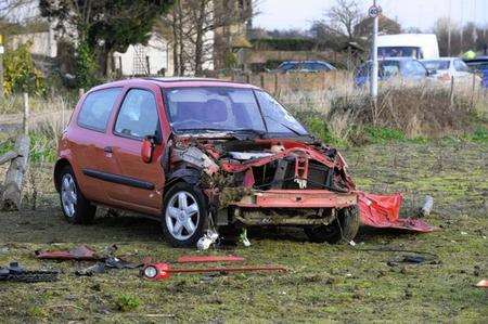 A Renault Clio crashed into a field after the driver lost control