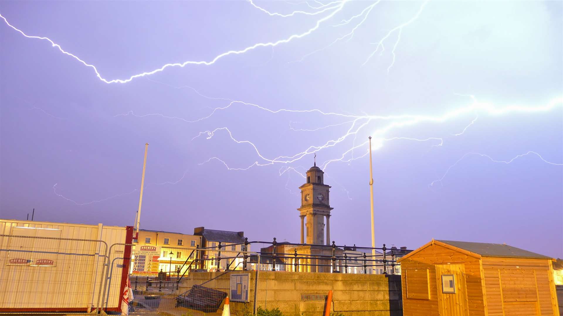 Lightning above Herne Bay clocktower, taken by Paul Darby