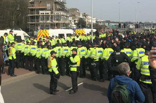 Police surround marchers at a previous event