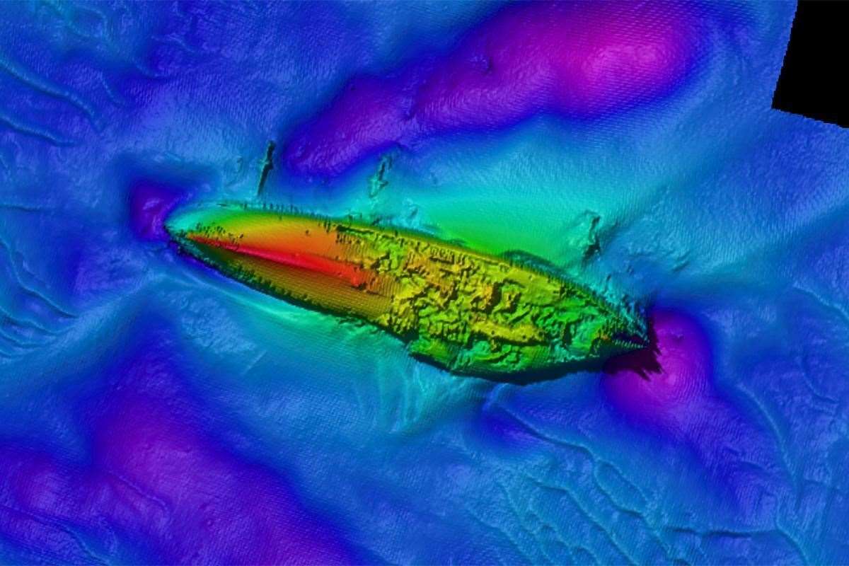 Multibeam image of the upside-down hull of SMS Grosser Kurfurst. Copyright: Wessex Archaeology