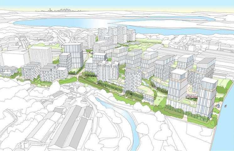 An aerial view of the proposals where thousands of homes are also planned. Photo: Northfleet Harbourside