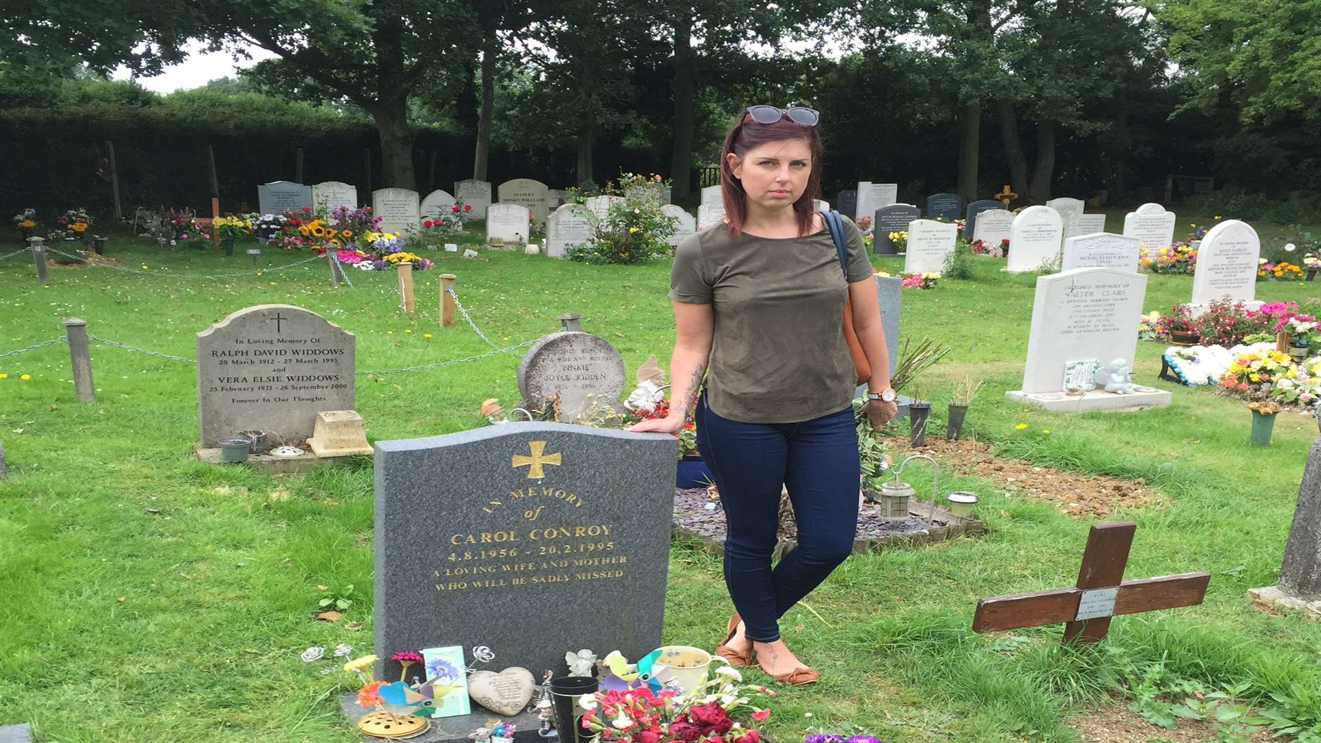 Nicola Conway at her mother Carol's grave at Bredhurst churchyard