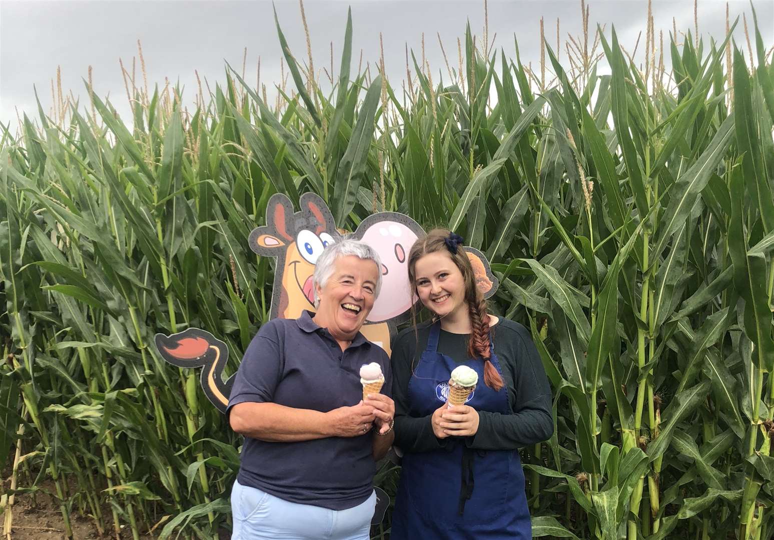 Kathy Wood and Honey Harrop enjoy an ice cream in front of the Maize Maze which will be open during the one-day festival
